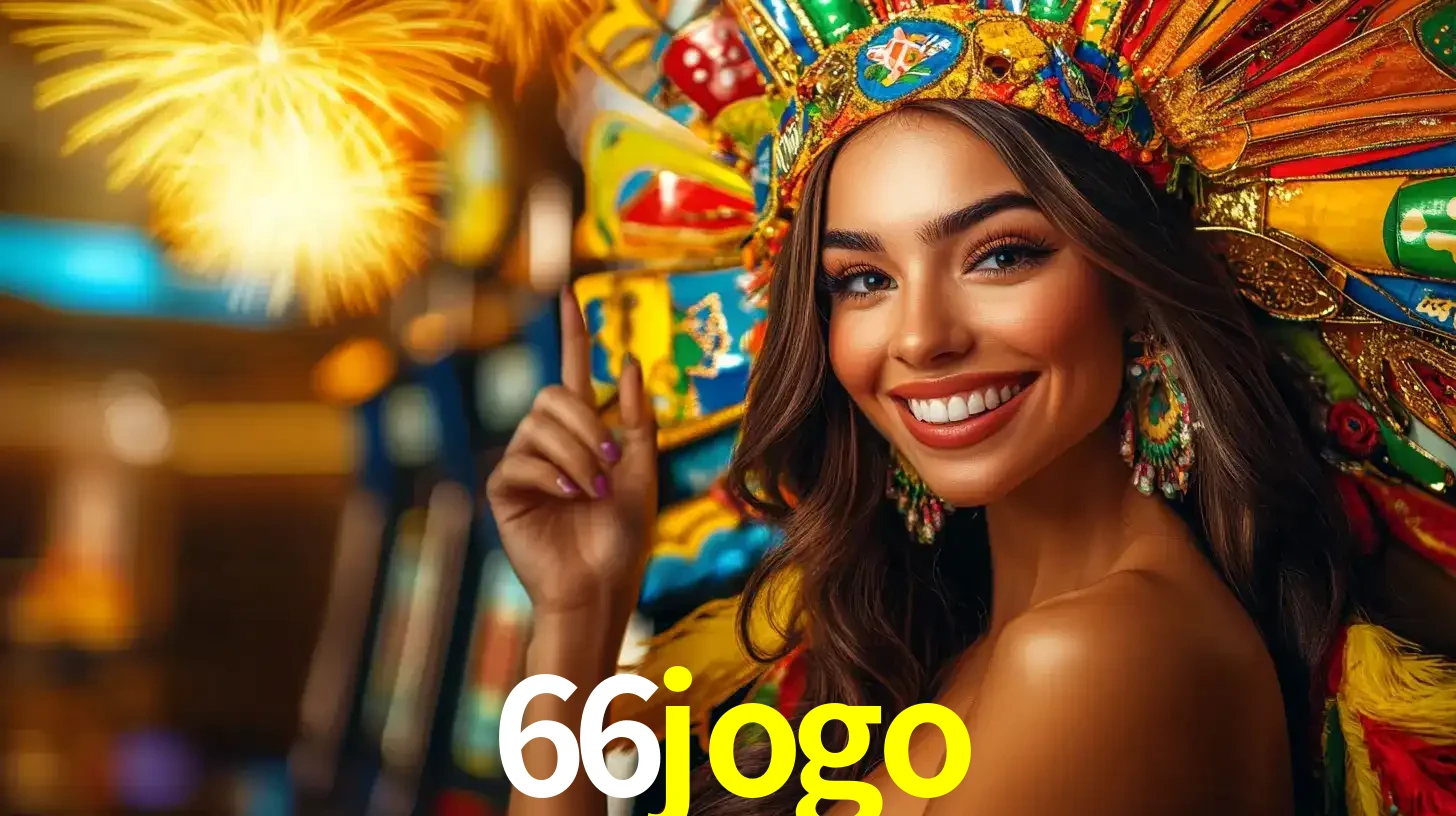 Mulher sorridente com um cocar de carnaval vibrante e colorido, celebrando uma grande vitória nos jogos do cassino 66jogo com fogos de artifício ao fundo.