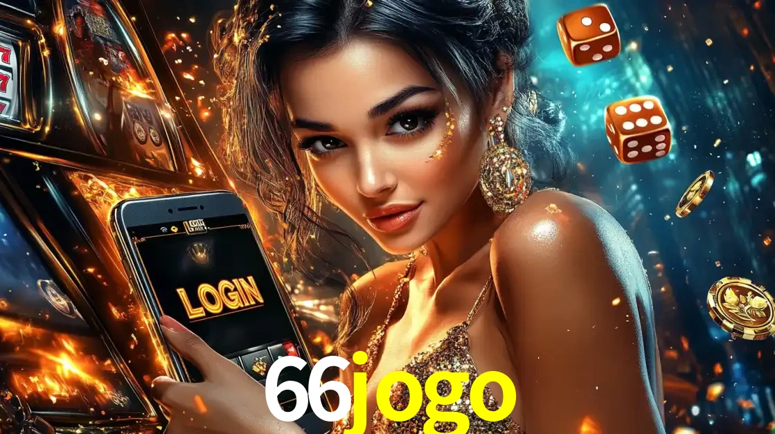 Mulher glamourosa segurando um celular com a tela de login do cassino 66jogo, rodeada por dados e moedas douradas, pronta para começar a diversão.