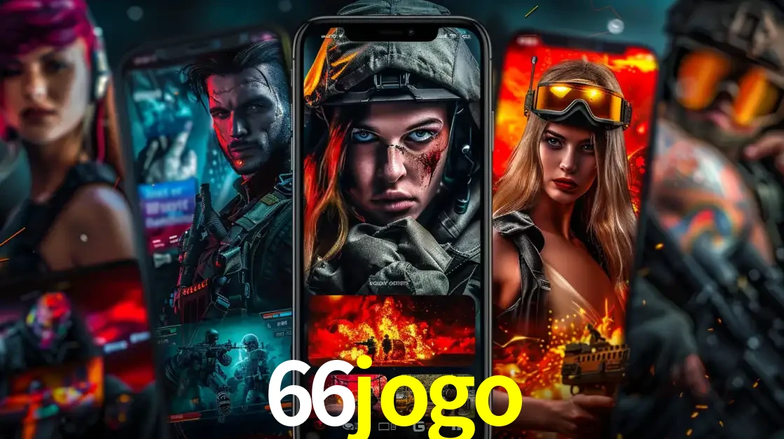 Montagem de telas de celular mostrando diversos personagens, masculinos e femininos, de um jogo de tiro, ilustrando a diversidade de equipes de e-sports para apostar no 66jogo.