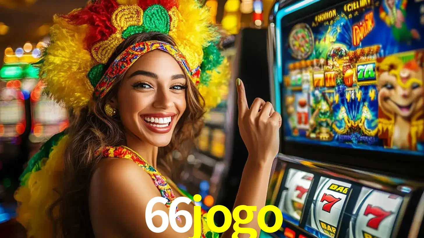 Mulher animada com um cocar de carnaval apontando para uma máquina de caça-níqueis, mostrando a emoção de ganhar um grande prêmio nos jogos do 66jogo.