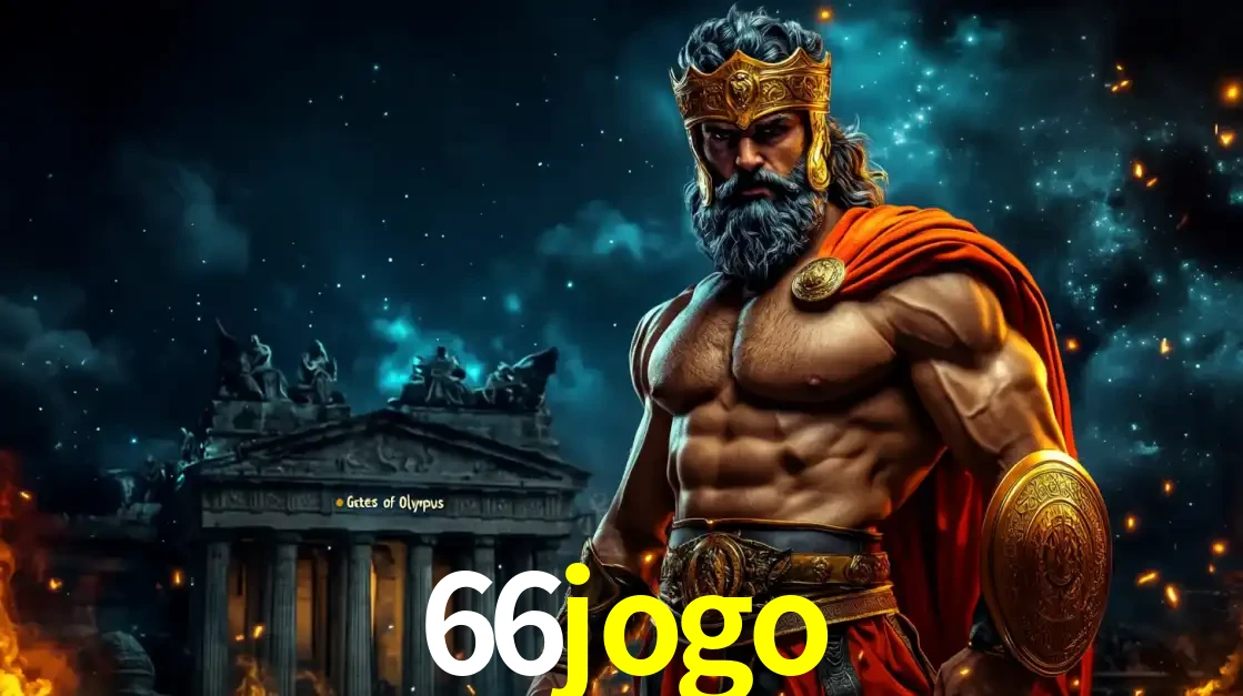 O poderoso Zeus do jogo de slot Gates of Olympus em frente ao seu templo, pronto para lançar multiplicadores divinos e prêmios épicos no cassino online 66jogo.