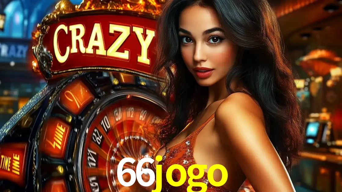 Mulher glamourosa olhando para a câmera com a roda vermelha do Crazy Time ao fundo em um ambiente de cassino, destacando a emoção dos jogos ao vivo no 66jogo.