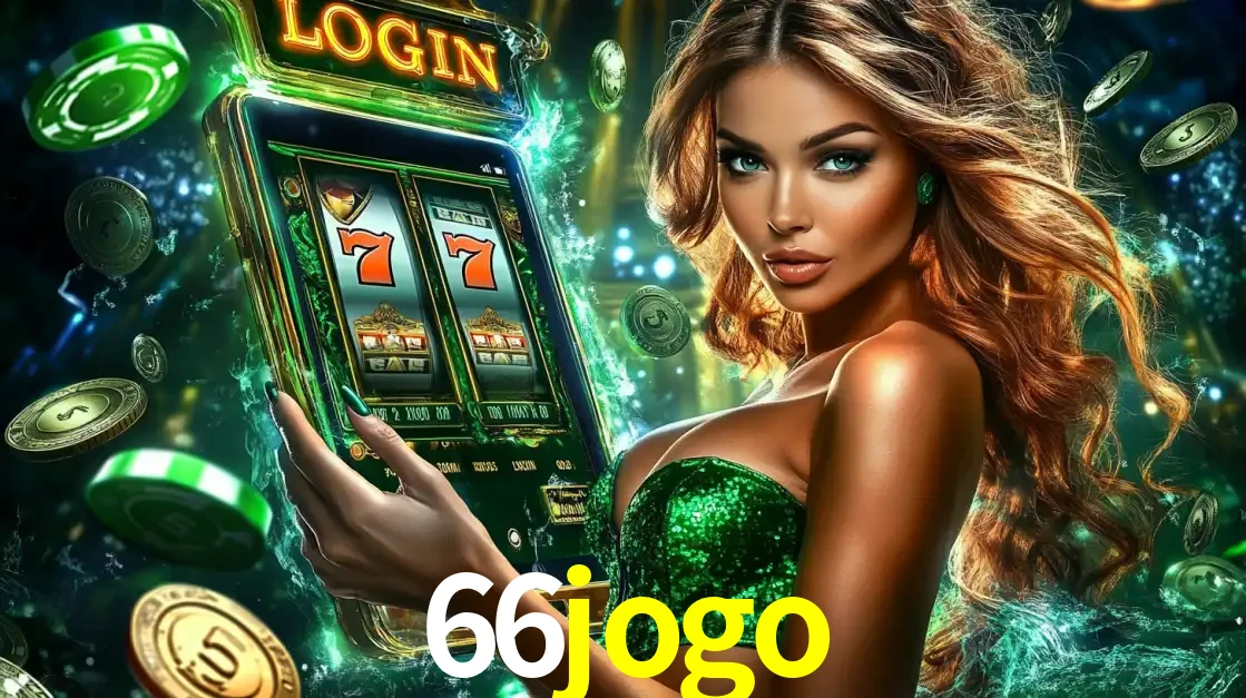 Mulher com tema verde apresentando o aplicativo do cassino 66jogo com um jogo de slot de 777, cercada por fichas de cassino e uma aura de sorte.