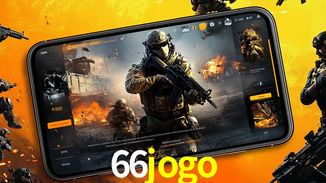Um smartphone exibindo a interface de um jogo de tiro em primeira pessoa, com um soldado em um cenário de batalha, representando a ação dos e-sports para apostar no 66jogo.