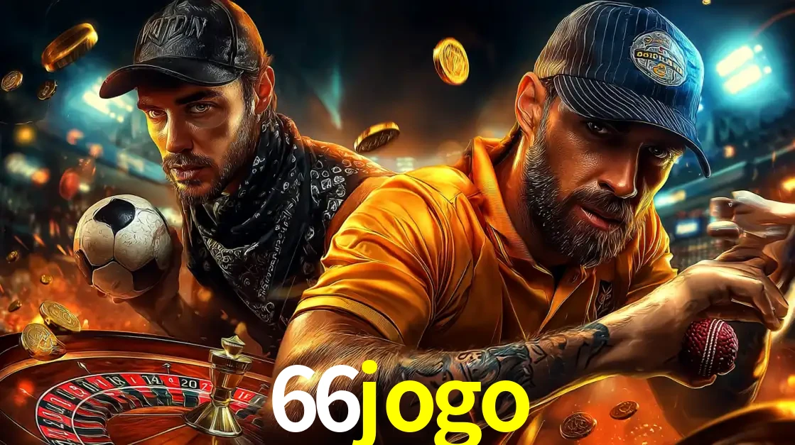 Montagem de apostas esportivas e cassino no 66jogo, com um homem segurando uma bola de futebol e outro uma de beisebol sobre uma roleta e moedas voadoras.