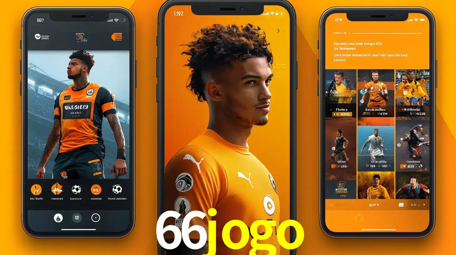 Interface do aplicativo de apostas esportivas 66jogo em três telas de celular, mostrando o perfil de um jogador de futebol e a lista de jogos disponíveis para apostar.