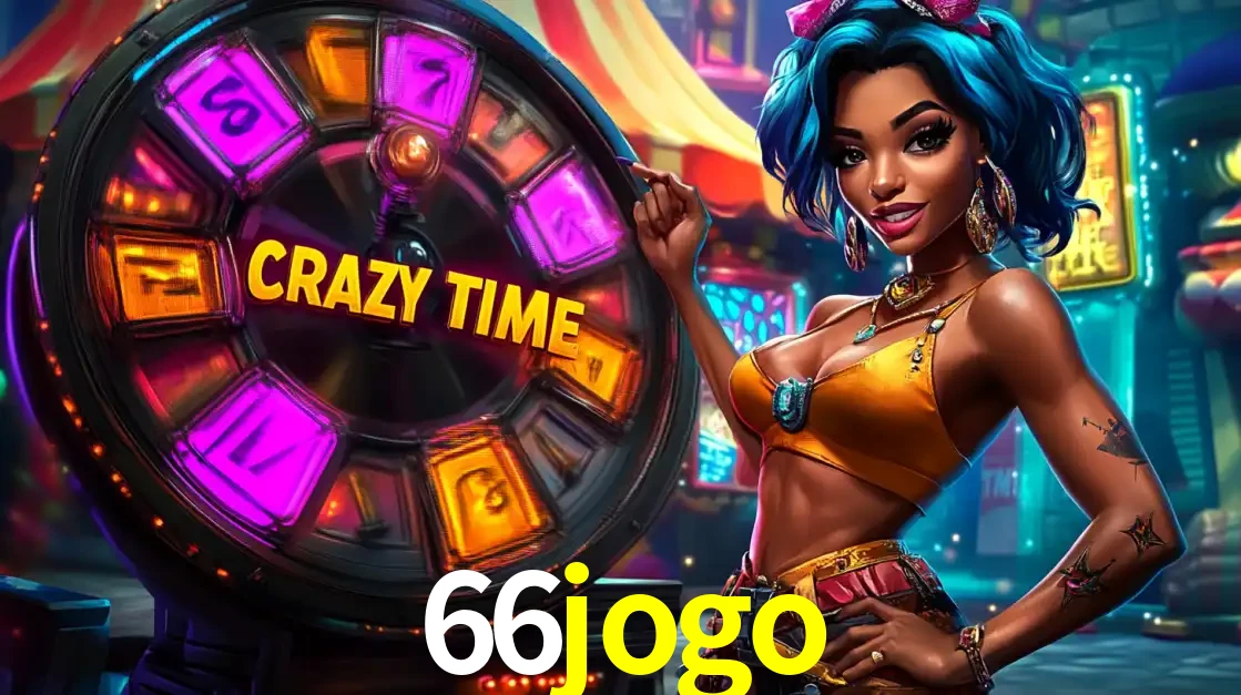 Mulher estilizada com cabelo azul e visual vibrante posando ao lado da roda de prêmios do game show Crazy Time, convidando para a diversão e os bônus do cassino 66jogo.