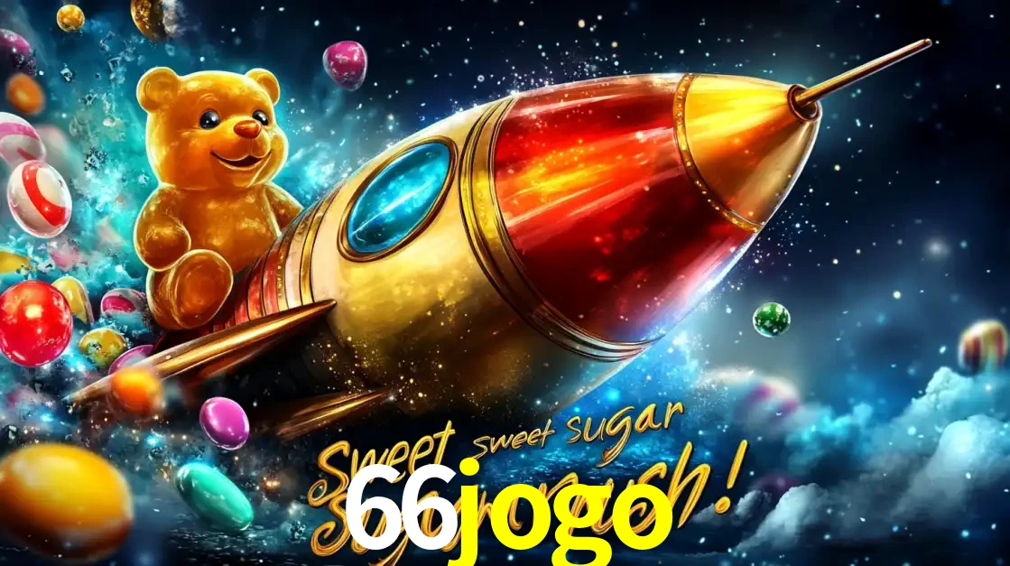 Arte promocional do jogo de slot Sugar Rush, com um urso de pelúcia em um foguete viajando pelo espaço de doces, um dos jogos divertidos disponíveis no cassino 66jogo.