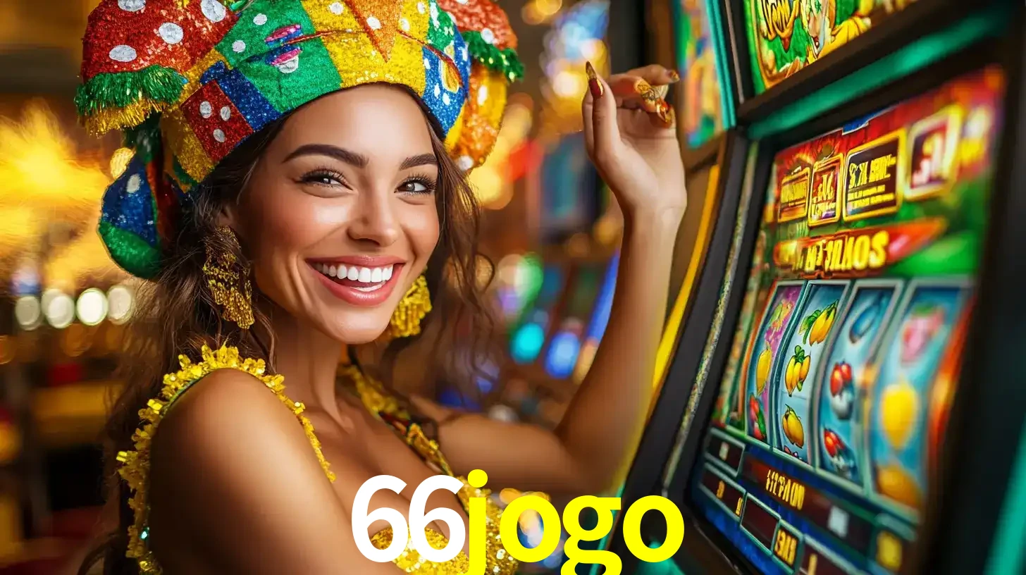 Mulher feliz com traje de carnaval amarelo e colorido ao lado de uma máquina de caça-níqueis, aproveitando a diversão e os jogos temáticos do cassino 66jogo.