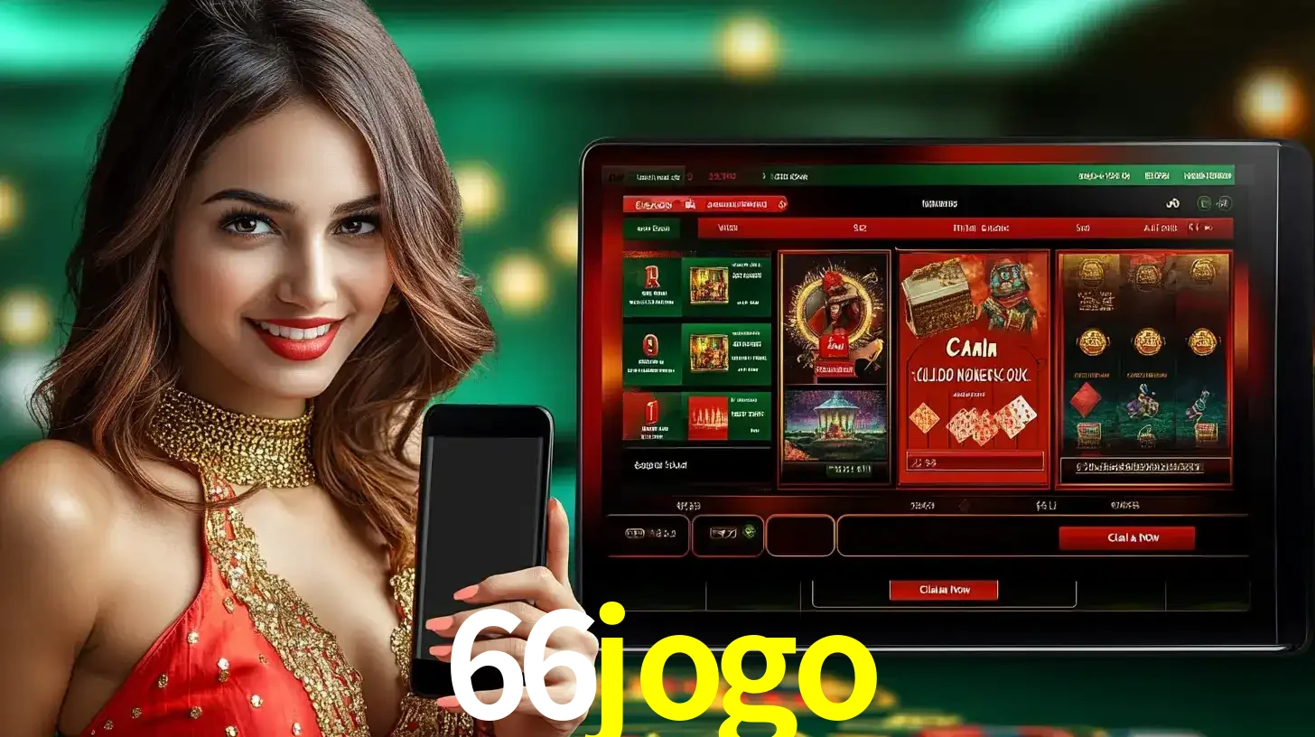 Mulher sorridente segurando um smartphone, ao lado de uma tela exibindo o lobby de jogos do cassino online 66jogo, com várias opções de jogos de cartas e slots.